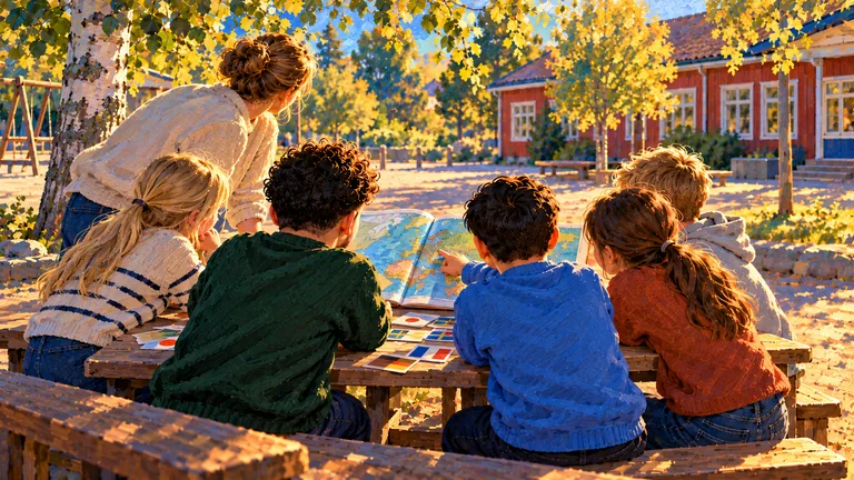 An illustrated school memory: children and an adult gather around an atlas.