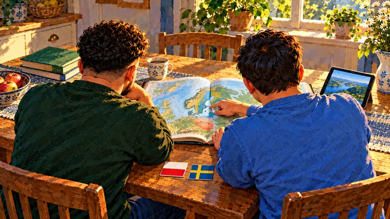 Två vuxna bröder utforskar en atlas vid ett köksbord.