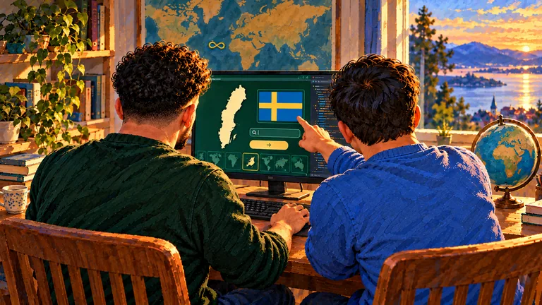 Barry works on the game. His brother points at a flag on the screen.